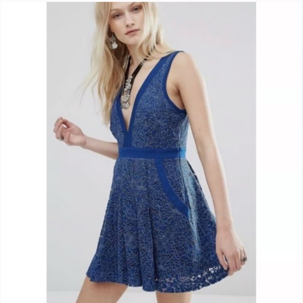 Free People Lovely in Lace back cut out mini dress in blue NWT size L